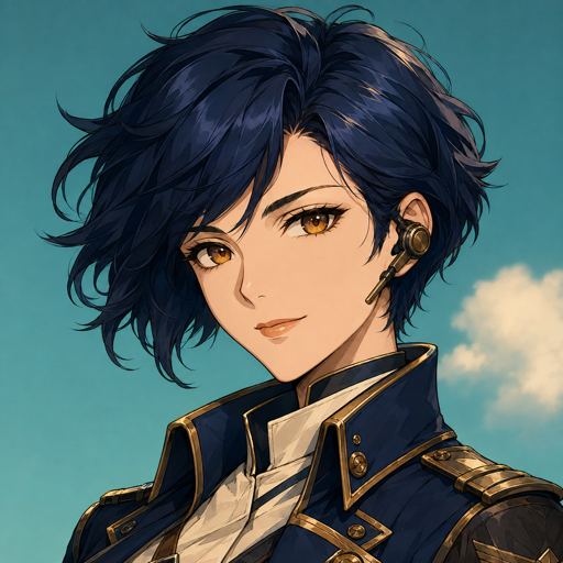 Commander Astra Vale in a navy officer jacket.