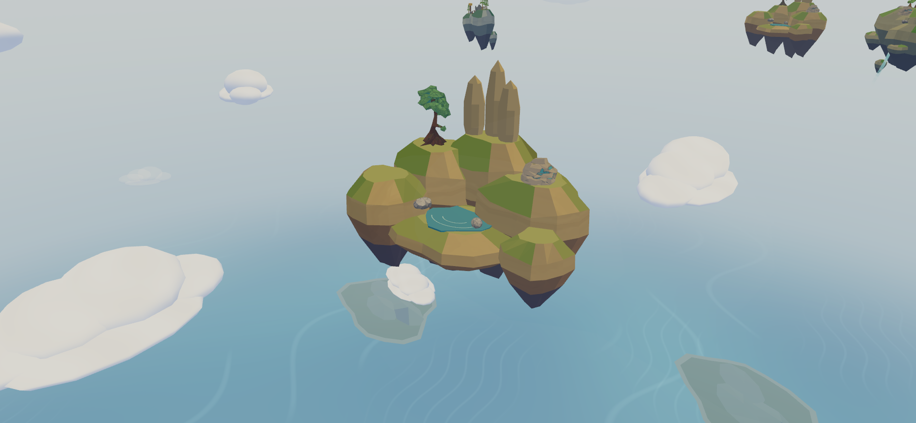 A crescent island with a turquoise pool and standing stones.