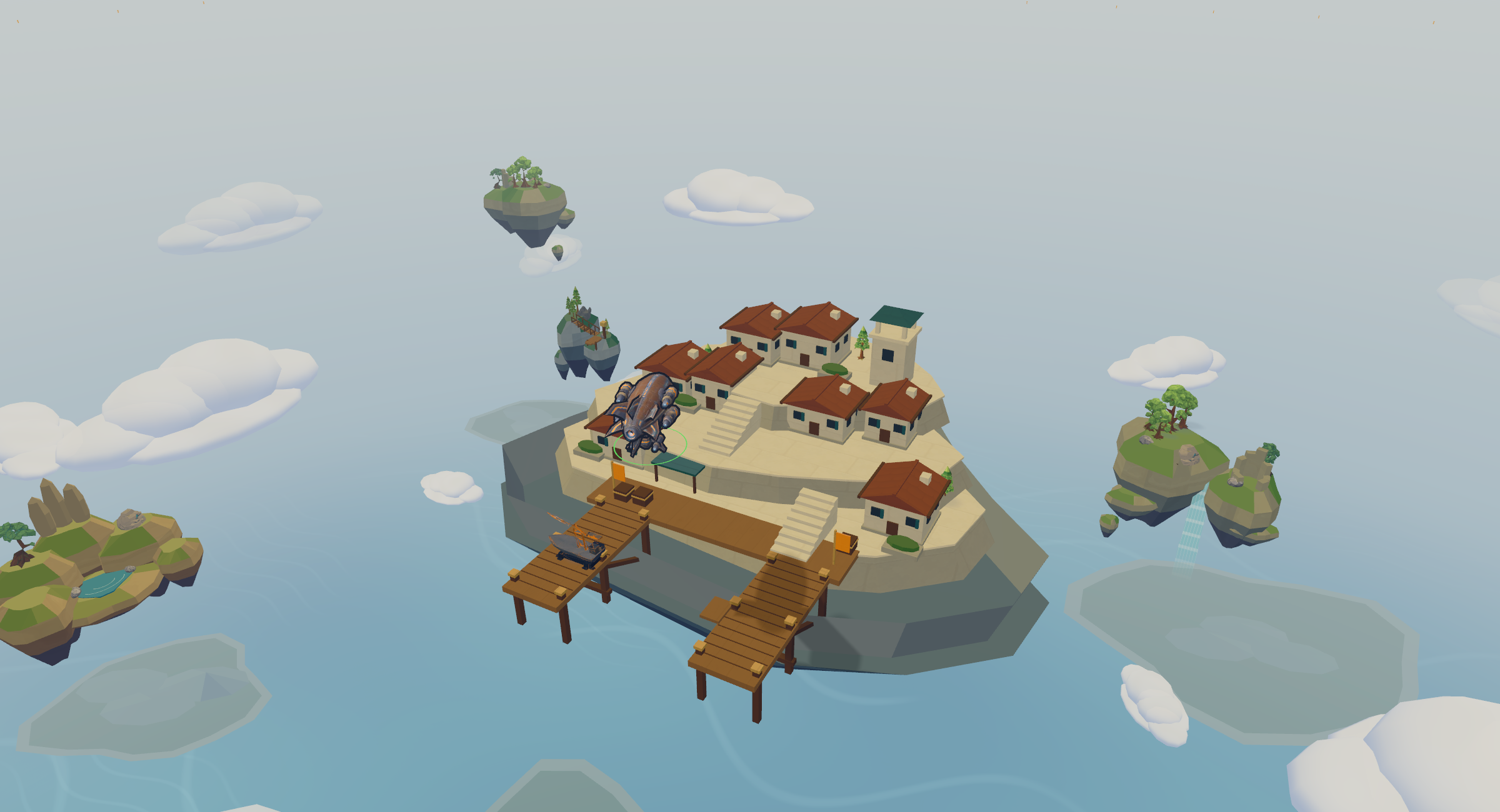 Bright daylight harbor surrounded by floating islands.