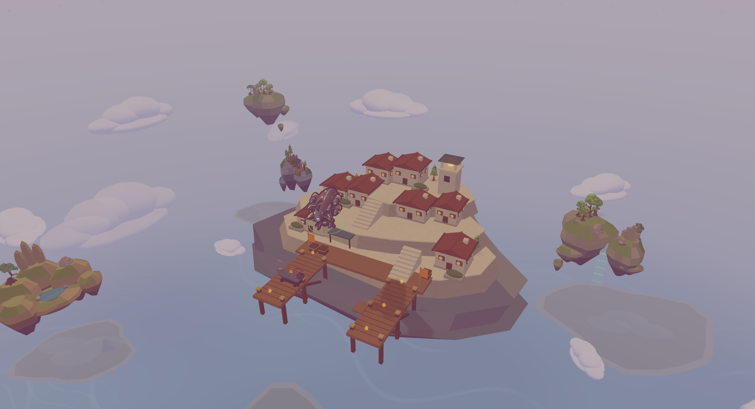 Dusk over a cliff harbor with warm windows and wooden piers.