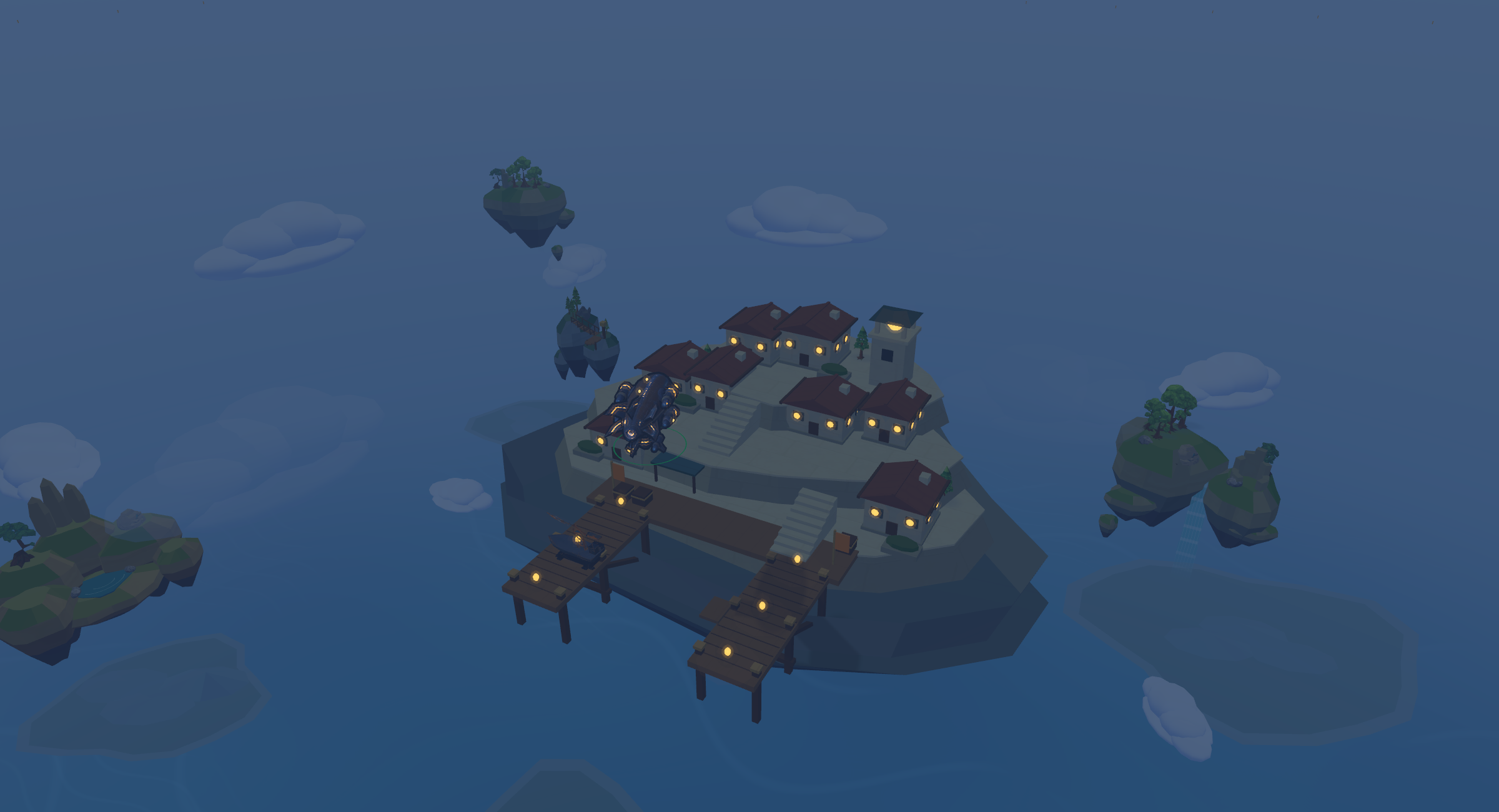 Night harbor with lanterns on the piers and windows.