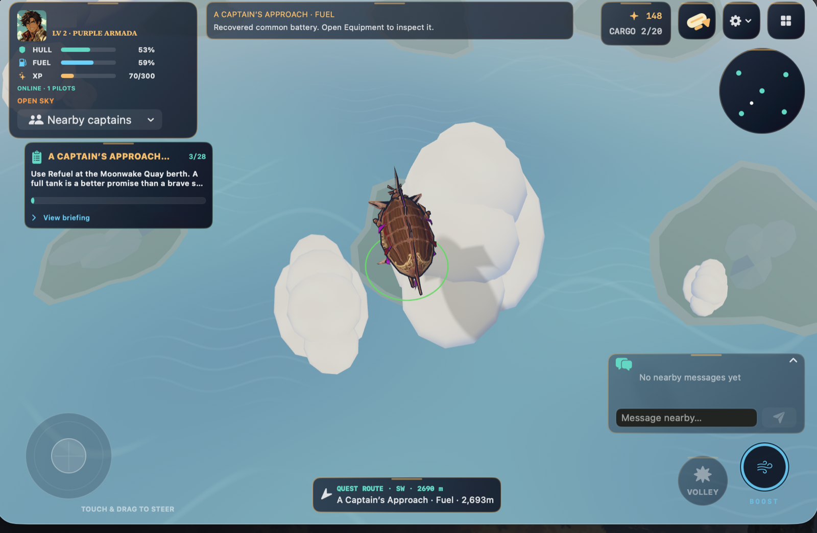 Online flight HUD with nearby captains, cargo, and a quest route.