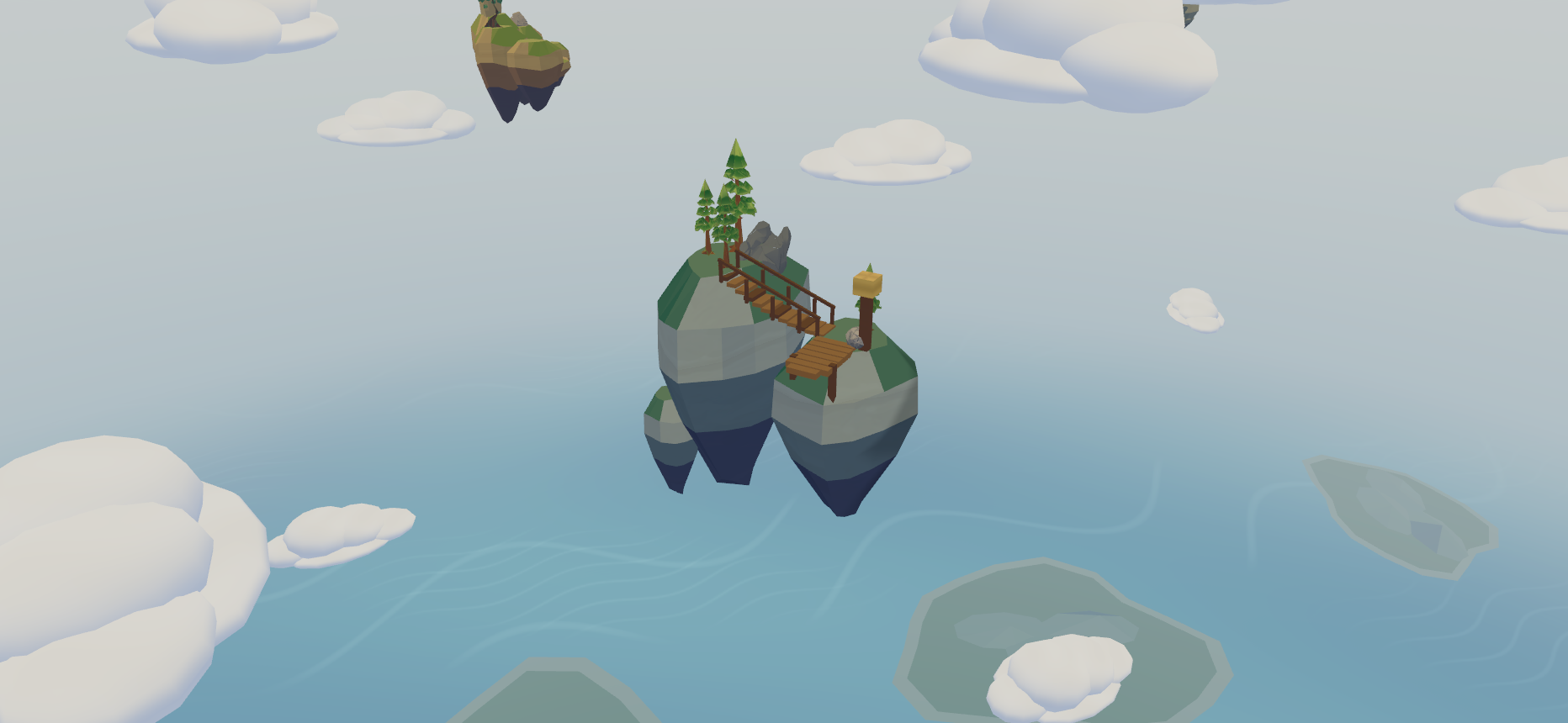 A rope bridge linking two pine-topped ridge islands.