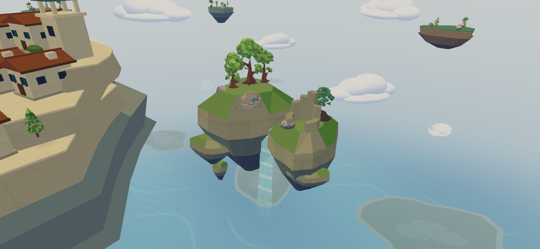 Close view of a grove island waterfall beside harbor terraces.
